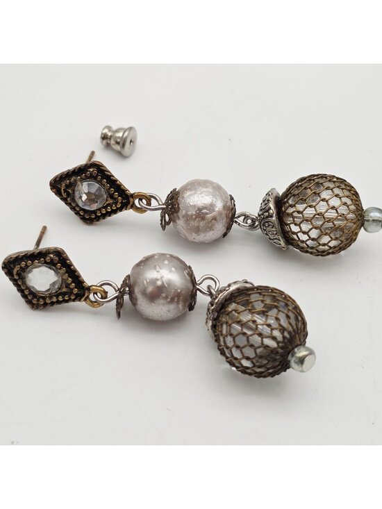 Unbranded Jewelry - Drop Earrings With Faux Pearls & Mesh Beads Mixed Metal Rhinestone 2"